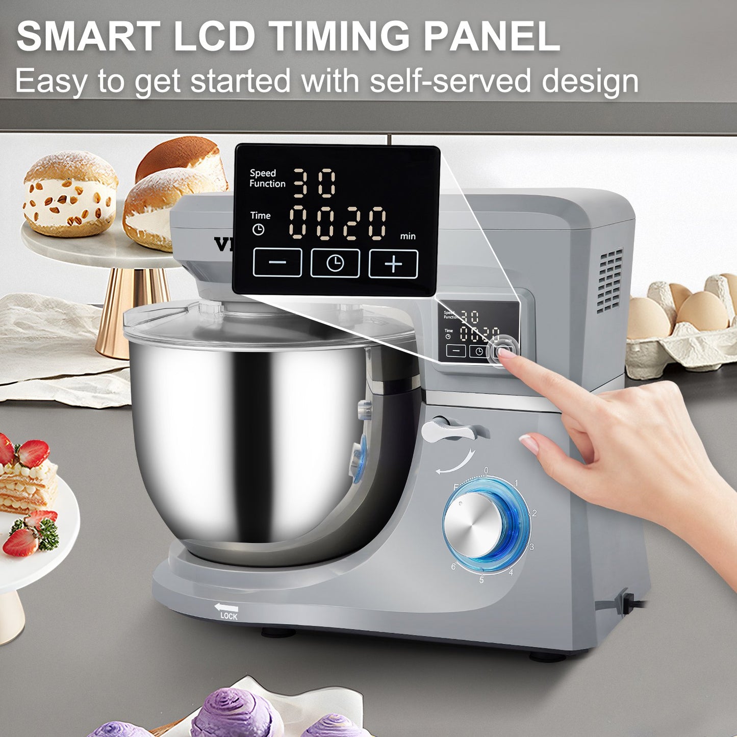 660W Electric Stand Mixer with 7.4-Qt Stainless Steel Bowl | 6-Speed Tilt-Head Dough Mixer with LCD Timer (Gray)