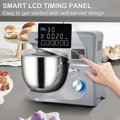 660W Electric Stand Mixer with 7.4-Qt Stainless Steel Bowl | 6-Speed Tilt-Head Dough Mixer with LCD Timer (Gray)