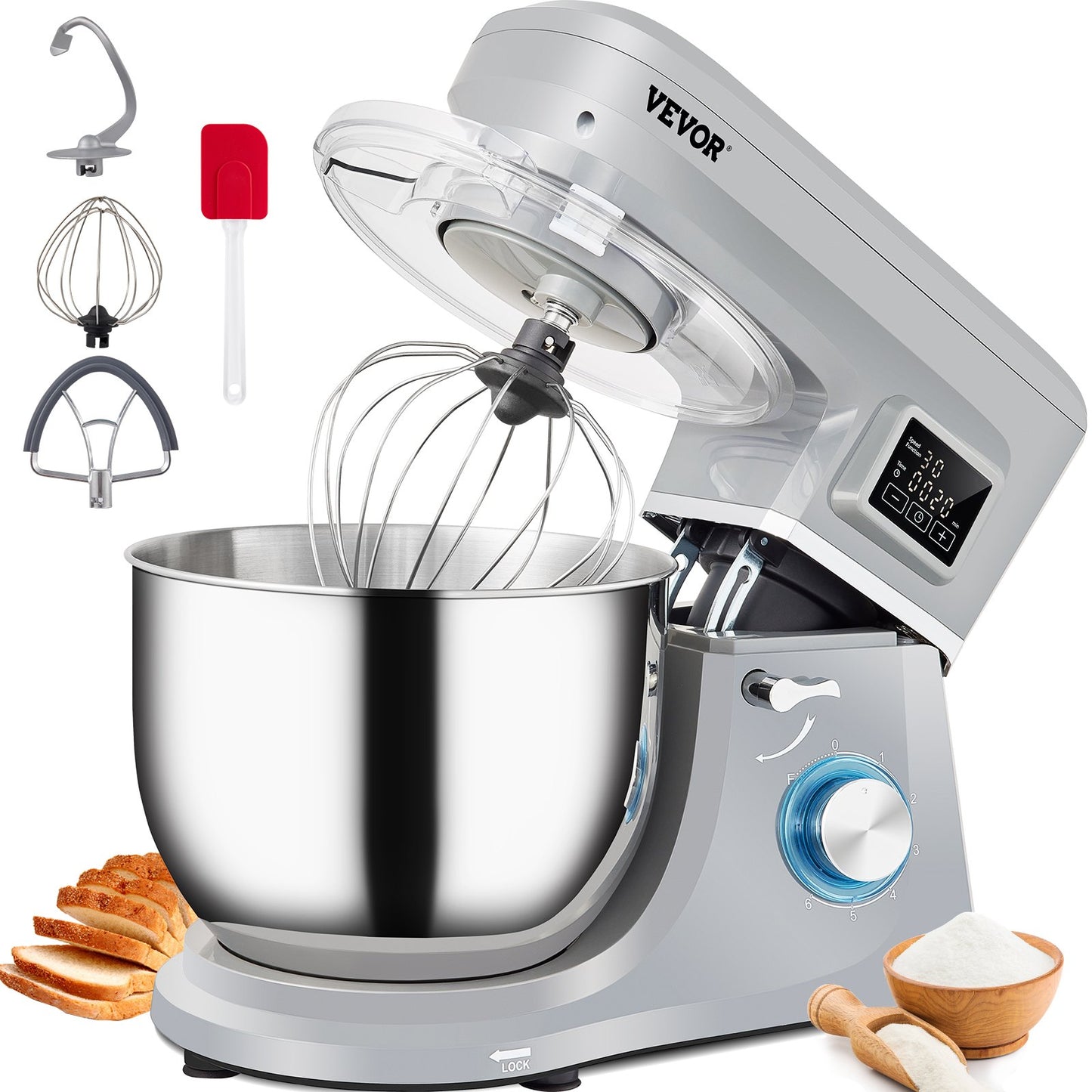 660W Electric Stand Mixer with 7.4-Qt Stainless Steel Bowl | 6-Speed Tilt-Head Dough Mixer with LCD Timer (Gray)