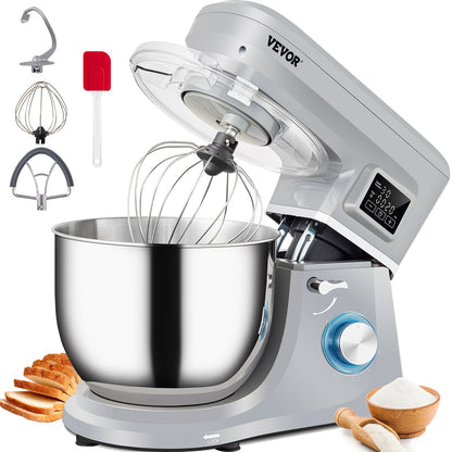 660W Electric Stand Mixer with 7.4-Qt Stainless Steel Bowl | 6-Speed Tilt-Head Dough Mixer with LCD Timer (Gray)