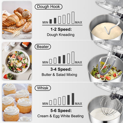 660W Electric Stand Mixer with 7.4-Qt Stainless Steel Bowl | 6-Speed Tilt-Head Dough Mixer with LCD Timer (Gray)