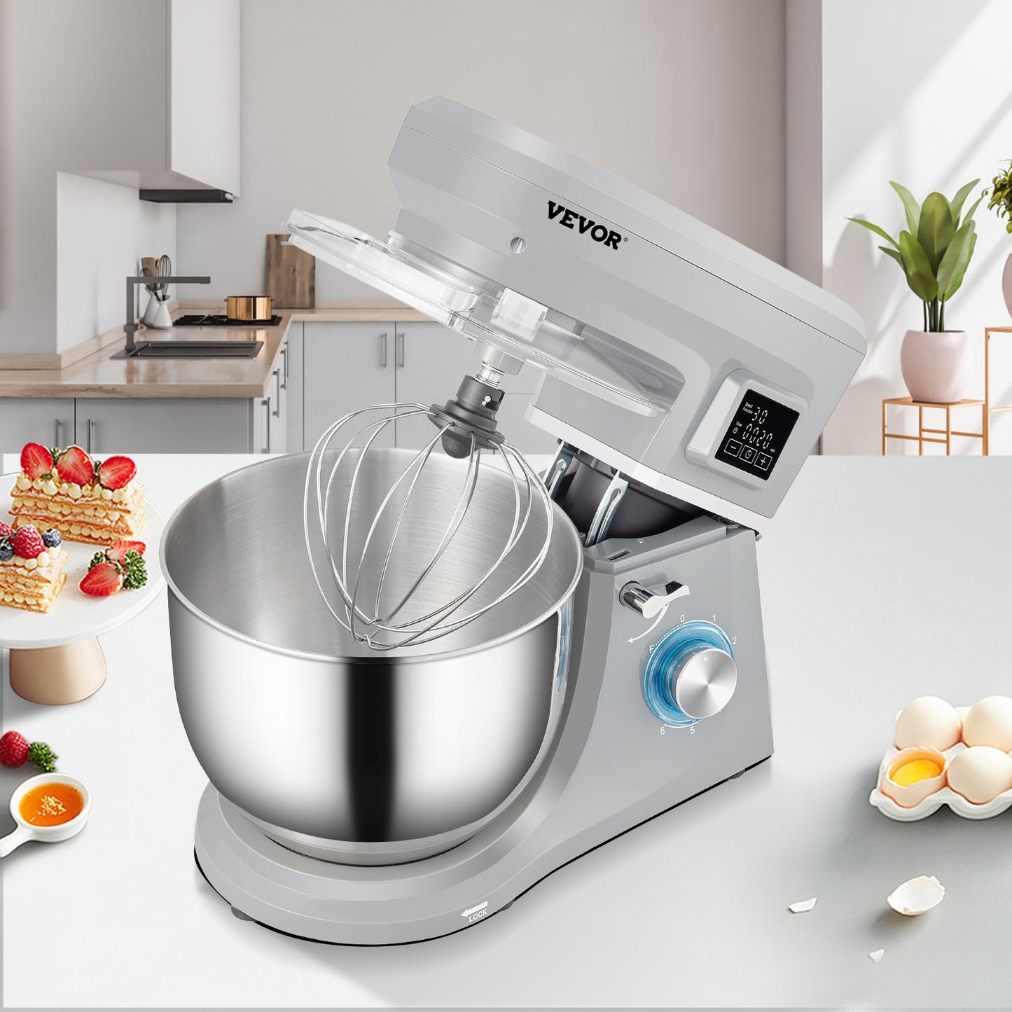 660W Electric Stand Mixer with 7.4-Qt Stainless Steel Bowl | 6-Speed Tilt-Head Dough Mixer with LCD Timer (Gray)