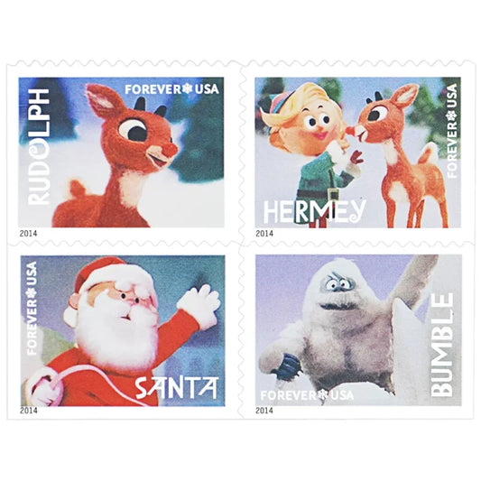 Rudolph all red-nosed over stamp
