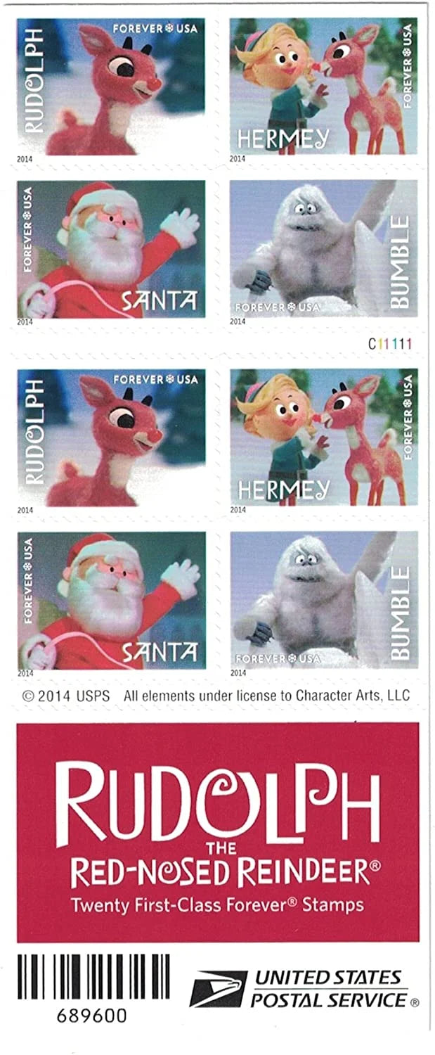 Rudolph all red-nosed over stamp