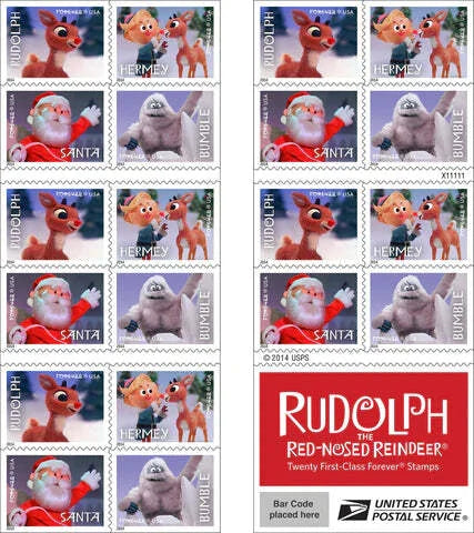 Rudolph all red-nosed over stamp